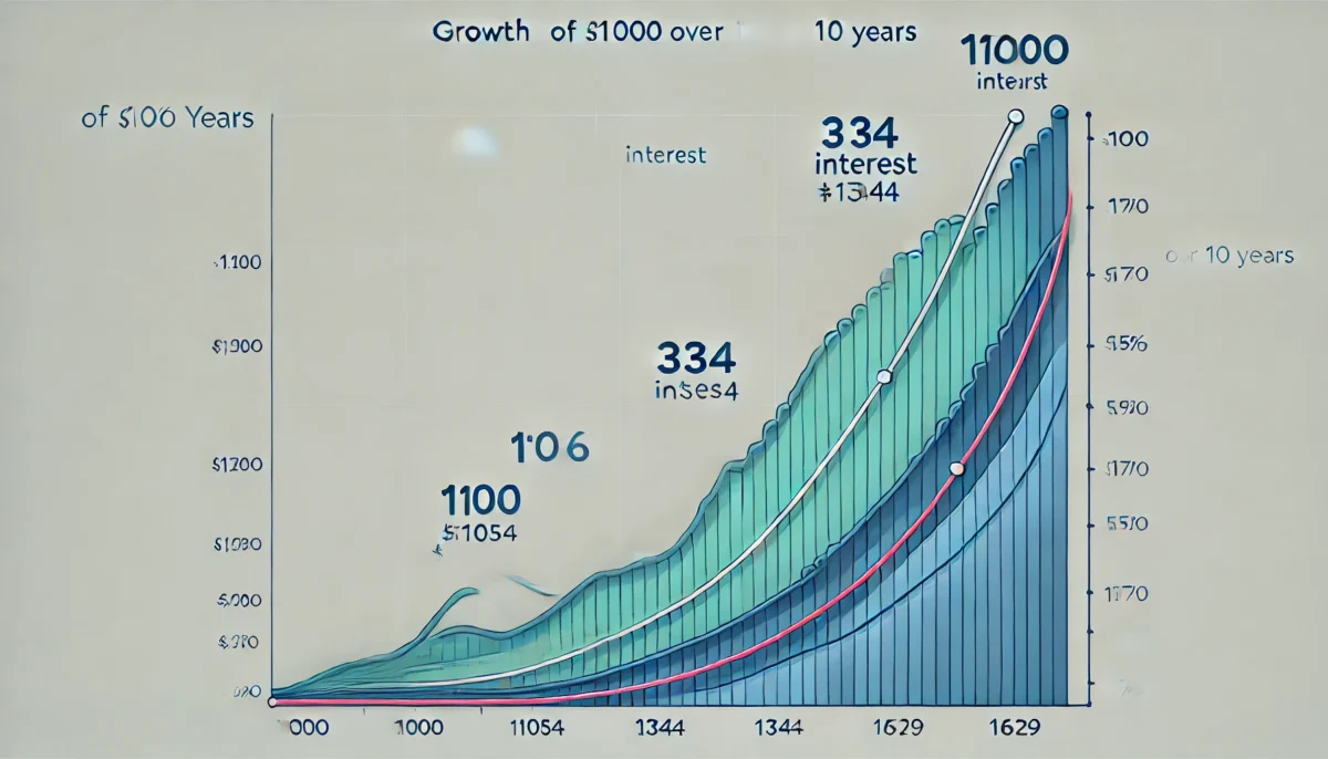 Growth of $1000 over 10 years with different interest rates (1%, 3%, 5%)