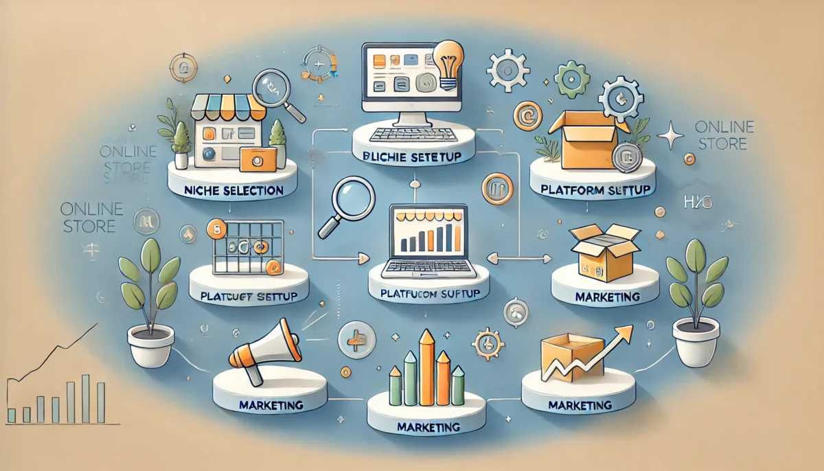 The visual includes 5 key stages: 'Niche Selection,' 'Platform Setup,' 'Product Sourcing,' 'Marketing,' and 'Growth Optimization.